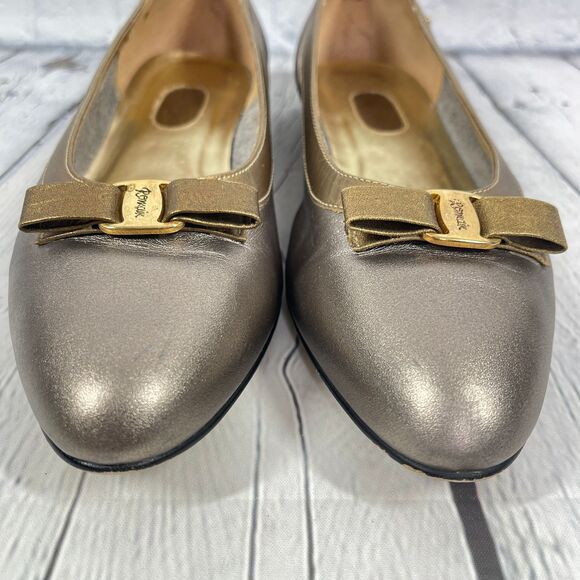 Vintage 90’s Loafers Womens 9.5 Silver Gold Leather Bow Flat Comfort Shoes Party - Picture 3 of 13